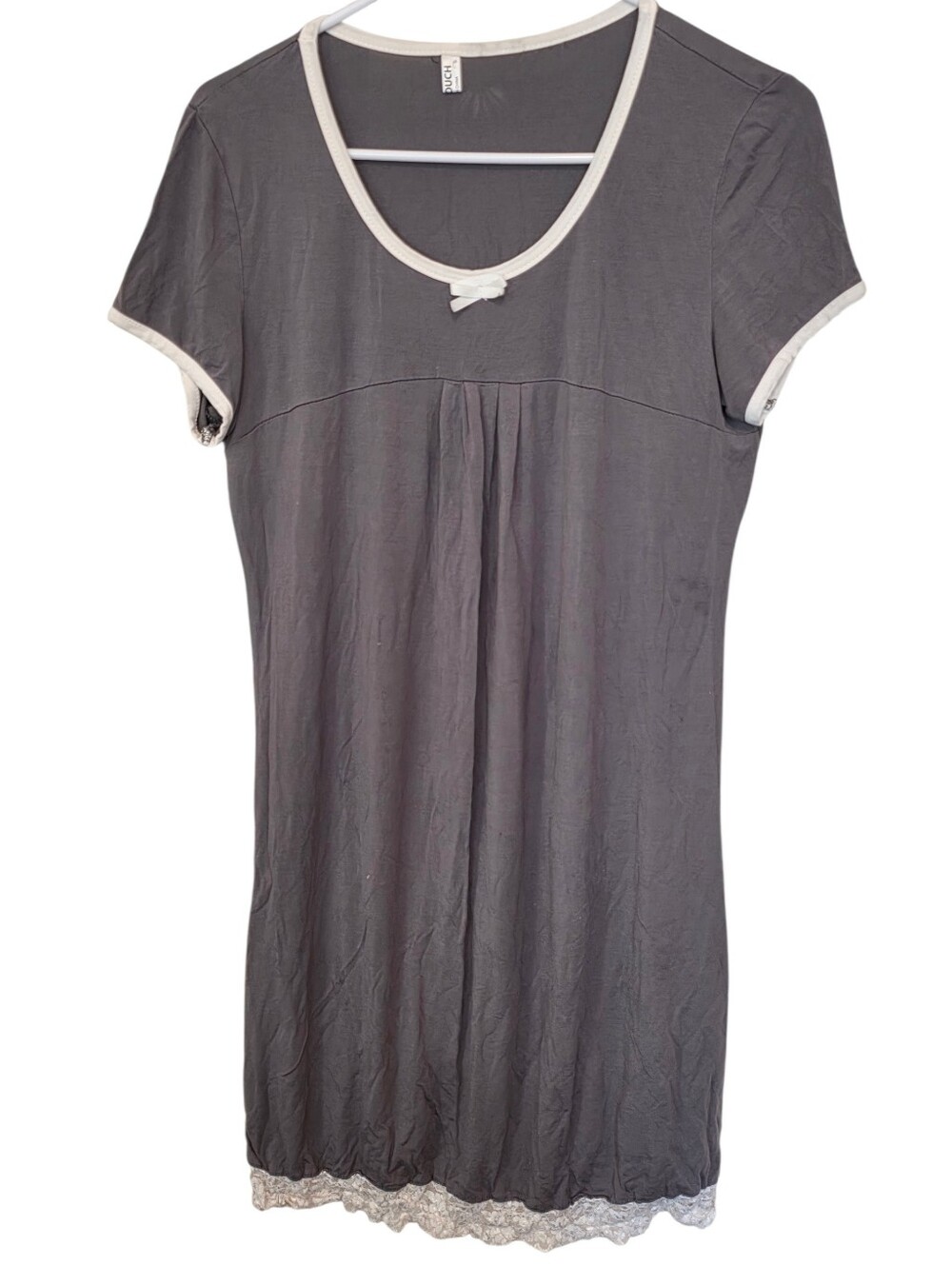 Hotouch Gray Shortsleeve Soft Nightgown With Contrast White Trim & Lace Hem Sz S
